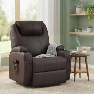 HOMCOM Sessel mit Aufstehhilfe Relaxsessel Kunstleder Metall Dunkelbraun