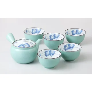 Japanisches Teeservice BUDO Grün Teeset aus Porzellan hergestellt in Japan Geschenkbox Teekanne 400 ml 5 Teetassen ø 9,2 cm, H 5,8 cm