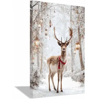 DunPei Weihnachts Poster, Schneewisse Rentiere Frohe Weihnachten Wandbilder Premium Leinwandbilder Kunstdruck Poster Aesthetic Wandposter für Weihnachts(Weiß)-30x45cm Gerahmt