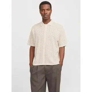 Polokragenpullover JACK & JONES "JORTYLER KNIT SS POLO SN", Herren, Gr. S, weiß (sea salt), Feinstrick, Obermaterial: 50% Baumwolle, 50% Polyester, unifarben, relaxed fit normal, Rundhals, Pullover, Baumwollmischung, relaxed fit