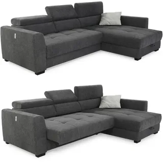 luma-Home 15409/ Ecksofa, elektrische Sitztiefenverstellung, Dunkelgrau | B300/T196/H103 cm, verstellbare Kopflehnen, USB Ladefunktion, Bettkasten, spiegelverkehrt montierbar, Chenille-Bezug