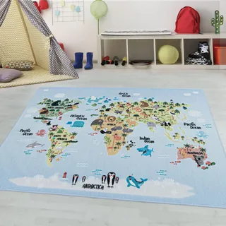 Kinderteppiche für Kinder Weltkarte Tiere Spielteppich Waschbar Jungen & Mädchen Teppich für Kinderzimmer Babyzimmer Spielzimmer Läufer Teppich in Farbe: Blau, Grösse: 80 x 120 cm