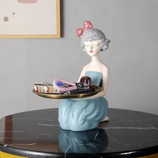 Cutfouwe Skulptur Deko - Tablett Deko, Harz Mädchen Statue Mit Herausnehmbarem Metalltablett - Perfekte Wohnzimmer, Büro, Oder Schreibtisch Dekoration,Blau,J