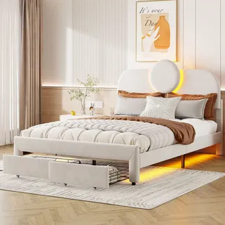 Fortuna Lai Polsterbett 140x200 cm, Doppelbett mit LED-Beleuchtung und 2 Schubkästen, Stauraumbett mit Lattenrost, für Erwachsene und Jugendliche... - Weiß