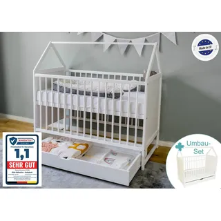Kids Collective Babybett Beistellbett Kinderbett 60x120 cm mit Schublade Hausbett Baby Bett 120x60 cm weiß mit Schublade höhenverstellbar und umbaubar für Junge Mädchen von Geburt bis 3. Lebensjahr