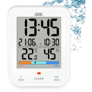 ADE Badezimmeruhr mit Duschtimer mit Hygrometer und Thermometer (wasserdicht nach IP65, Countdown, Datumsanzeige) weiß