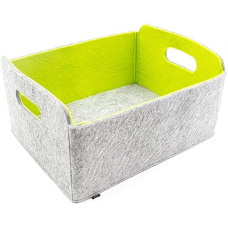 Hochwertige Aufbewahrungsbox aus Filz in Graumeliert/grün, waschbar 30x24x15cm. Ordnungsbox, Regalbox, Faltbox, Spielzeugkorb