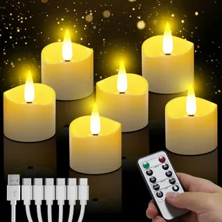 daphomeu Wiederaufladbare LED Teelichter mit Timerfunktion 6 Stück | mit Fernbedienung und 6-in-1 Ladekabel, Warmweiß Flammenlose Elektrische Teelichter für Hochzeit Weihnachten Heimdekoration