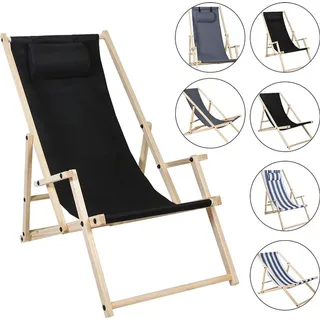 SWANEW Liegestuhl Relaxliege Sonnenstuhl 120kg Chair Liege Gemühtlicher Klappbar Holz schwarz Mit Handläufen - Schwarz