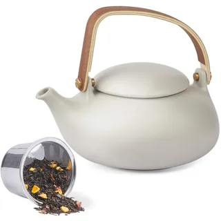 ZENS Japanische Teekanne mit Sieb, 800ml Teekanne Keramik für Losen Tee | Matte Grau Teekanne Japanisch mit Siebeinsatz, Asiatisch Teapot mit Holzgriff für Schwarz Losen Tee