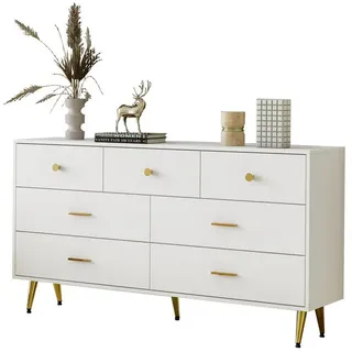 Rutaqian Kommode Kommode mit 6 Schubladen Eckschrank, Sideboard, Aufbewahrungsschrank (goldene Beine, Beistellschrank mit Viel Stauraum 140 x 35 x 76cm), Lagerschrank für Flur Esszimmer Wohnzimmer oder Küche,weißes weiß