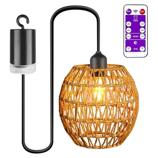 Aicharynic Hängelampe mit Batterie & Fernbedienung, Rattan Pendelleuchte kabellos mit Timer, Vintage Hängeleuchte für Balkon, Terrasse, Schlafzi...