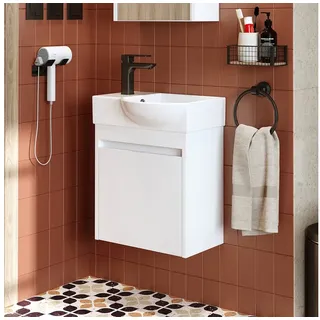Roomart Badmöbel-Set LEO Gäste-WC Set 46,5 cm, nur 24,5 cm tief, Soft-Close, 4 Farben, (Komplett-Set, • Unterschrank mit Waschbecken • Badezimmer Möbel • Gäste WC), Soft-Close, nur 24,5 cm tief, Wandmontage, Keramikbecken, modular weiß