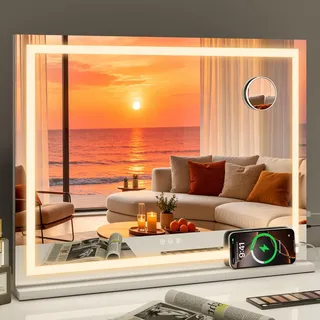 YU YUSING Hollywood Schminkspiegel mit Beleuchtung, 80X58cm Kosmetikspiegel | Hollywood Spiegel mit 3 Farbtemperaturen Dimmbar, Groß Vanity Spiegel Tischspiegel mit Touch-Schalter USB 10X Vergrößerung