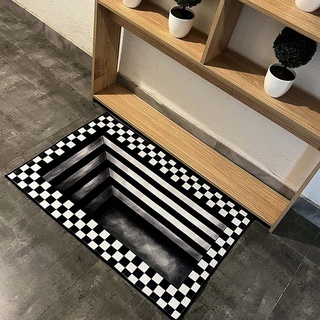 Wttfc Schwarz Weiß Karierter 3D Teppich Optische Täuschung, 3D Illusion Fußmatte Türmatte Schmutzfangmatte Teppich Optische Täuschung Bodenmatte Außen Innen Waschbar rutschfest,Schwarz,23.6x35.4in