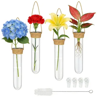 SHYSBV Deko Reagenzglas Vase, 4er Set Hängevase Wandvase aus Glas mit Haken, Kreative Reagenzgläser für Blumen, Kleine Vasen für Hydrokultur Pflanzen, Fensterdekor mit Reinigungsbürste