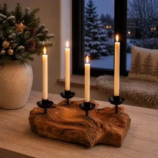 Adventskranz aus Wurzelholz mit schwarzen Stabkerzenhaltern aus Metall | Naturprodukt mit besonderem Charakter
