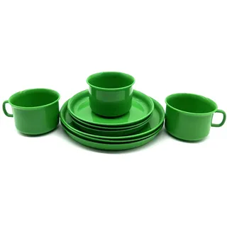 3 Stück Geschirr-Set Frühstücksset Geschirrservice Kaffeeservice Plastikgeschirr, aus Kunststoff plastik, Mehrweggeschirr, je 3 Tassen Untertassen Teller/Speiseteller, Farbe grün