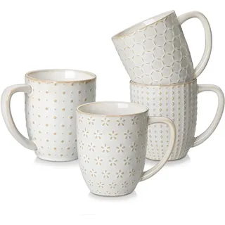 MALACASA LYDIA Kaffeetassen Set 4er, 480ml Große Tassen Steingut Beige | Vier Reliefmuster, Für Kaffee, Tee, Kakao & Milch, Rutschfeste Oberfläche