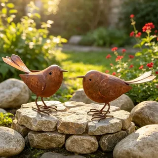 GZWY Gartendeko Metall Deko Vogel, 2 Stück Outdoor und Garten Vintage Singvogel Figuren Gartenstecker Rost Blechstatuen Garten Deko Draußen für Hof, Garten und Bauernhaus Dekor (Vogel)
