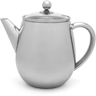 Bredemeijer Teekanne mit Siebeinsatz Edelstahl 1,1 Liter - Silber | Doppelwandige Tee Kanne für bis zu 1 Stunde warmen Tee, Teezubereiter mit Glasdeckel und Teesieb, tropffreies Ausgießen