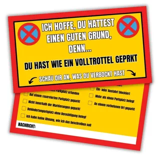 JOCERO Lustige Strafzettel für Falschparker – 50 Stück „Ich Parke wie EIN Vollidiot“ – Witzige Parkzettel – Wetterfeste Scherzartikel & Gag-Geschenk für Autofahrer