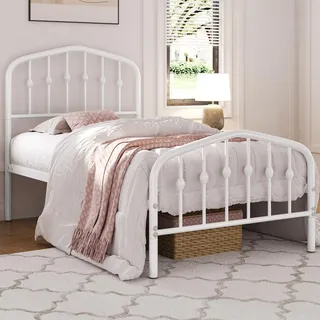 Yaheetech Bettrahmen 90 x 190 cm, Vintage Metallbett mit kronenförmigem Kopfteil, Stabiles Bettgestell Einzelbett aus Metall, Robust & Leichte Montage Gästebett Jugendbett Tagesbett, Weiß