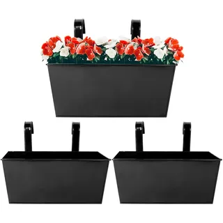 3 Stück Hängende Blumentöpfe für Balkon Geländer Zaun Garten - Metall Blumentöpfe Pflanzentöpfe Blumenkasten Pflanzkasten zum Aufhängen mit Abnehmbarem Haken - Schwarz 30.5cm×13cm×13cm
