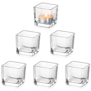 Glasseam Klar Teelichthalter Glas Satz von 6, Viereckig Teelichtgläser Klein Bulk, Kerzenhalter Weihnachten für Wohnzimmer Tisch Home Deko, Modern Kerzengläser Teelichtglas für Hochzeit Party