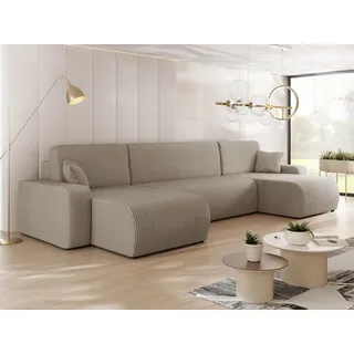 Mirjan24 Wohnlandschaft Piano U Cord, Wohnzimmer Eckcouch mit Bettkasten und Schlaffunktion, Schwarze Füße, Wellenfeder, U-Form (Farbe: Poso 02) - Beige