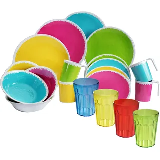 Camping Geschirr Set aus Melamin für 4 Personen - 20 Teile - mit Trinkgläsern Bunt 450 ml - Essgeschirr modernes Campinggeschirr