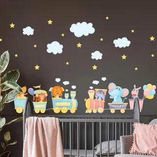 Wandsticker Kinder - Deko Babyzimmer - Wandsticker Kinder - Wandsticker skandinavisch - Wandaufkleber Tiere und Märchenbahn - H90 x L 135 cm