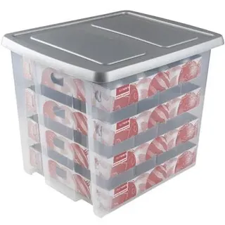 SUNWARE Nesta Weihnachtsbox 45 Ltr mit Tabletts für 64 Weihnachtskugeln (Ø70-80mm)- transparent/silber