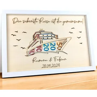 Geldgeschenk Hochzeit aus Holz Schiff personalisiert - Einzigartiges dekoratives Hochzeitsgeschenk für Brautpaar oder Geschenk Freundin Geburtstag - Text und Hochzeitsdatum auswählbar - Bilderrahmen
