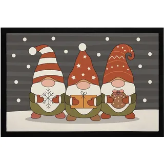 Fußmatte Weihnachten Wichtel Wintermotiv Schneeflocken Gnomes Zwerge Skandi-Stil rutschfest & waschbar Moonworks® schwarz 60x40cm - Schwarz
