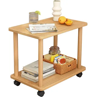 Fiauli Beistelltisch, Beistelltisch, rollbarer aus Holz auf Rädern ohne Beine, schmaler Nachttisch, drehbar, 2 Etagen, offenes Regal, Sofa, Kleiner Tee-Couchtisch mit Rollen für