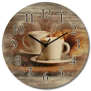 ARTLAND Wanddeko Wanduhr Holz Funkuhr ohne Tickgeräusche lautlos rund Ø 30 cm Küchenuhr Kaffee Cappuccino Croissant T5XO
