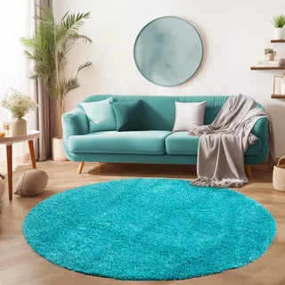 SIMPEX Shaggy Hochflor Teppich, 80 cm Rund, Türkis, weich, flauschig, modern, einfarbig, Für Eingangsbereich oder kleine Nischen, für Wohnzimmer Schlafzimmer Flur