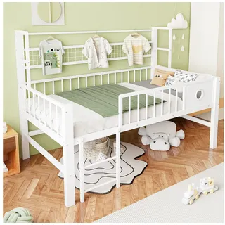 HAUSS SPOLE Kinderbett 90x200 Metallbett mit Sicherheitsgitter,Halbhochbett mit Matratze Weiß (Jugendbett Niedrig mit praktische Stauraum unter dem Bett im Kinderzimmer, aus robustem Metall), Bettgestell mit integrierte Kleiderstange,mit Ablage aus Netzgewebe weiß