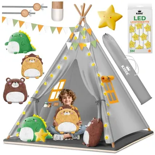 KIDIZ Spielzelt Tipi Zelt für Kinder aus Baumwolle 100x100x160cm Kinderzelt (LED-Lichterkette, Leuchtstern, Girlande, 3 Plüschtiere, Matte & Tasche) Spielhaus für drinnen & draußen Tipizelt grau