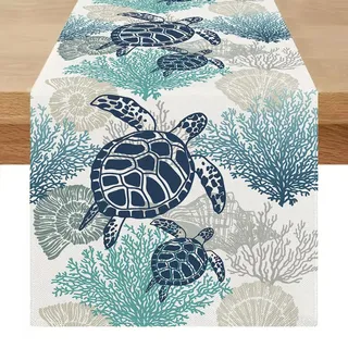 Miuyunya Tischläufer Modern 40x100 Outdoor Sommer Tisch Läufer Blau Grün Wetterfest Maritim Abwaschbar Landhausstil Leinenoptik Tischdecke Kurz für Frühling Hochzeit Party Küche Tischdeko