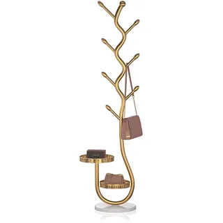 VLites Garderobenständer mit 8 Haken 2 Ablagen, Kleiderständer Baumform Jackenständer, Höhe 170 cm für Kleidung, Taschen und Hüte, für Flur, Wohnzimmer, Schlafzimmer (Gold)