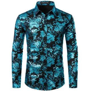 PARKLEES Herren Luxus Paisley Gemustert Golden Glänzend Slim Fit Freizeithemd - XL