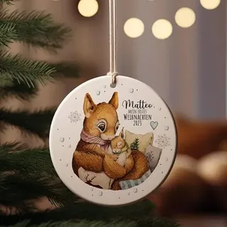 Weihnachtskugel Weihnachtsschmuck Keramik Baumanhänger personalisiert Mein erstes Weihnachten Namen Wunschname Eichhörnchen mit Baby Tiere Baumkugel wkp23 ilka parey wandtattoo-welt