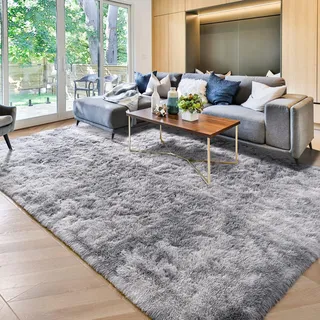 Tinyboy-hbq Teppiche Flausching Wohnzimmer Teppiche Shaggy Teppich Schlafzimmer Teppich Waschbarer Weiche Bequeme ​für Wohnkultur (Grau Weiß, 250 x 300 cm)