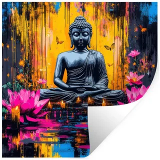 MuchoWow Wandsticker Buddha - Blumen - Kerzen - Gelb (1 St), Wandaufkleber, Selbstklebend, Wohnzimmer, 80x80 cm 80 cm x 80 cm x 0.1 cm