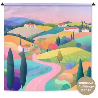 MuchoWow Wandteppich Landschaft - Lila - Pastell - Häuser, Quadratisch, Höhe: 3 mm, Wand Teppich Wohnzimmer, Schlafzimmer, 150x150 cm Quadratisch | 150 cm x 150 cm x 3 mm