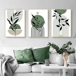 3er Set Premium Poster Grün Blätter, Abstrakt Kunst, Wandbilder