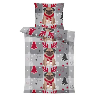 Winter Biber Bettwäsche 135x200 cm Weihnachtsmotiv Hunde Flanell Baumwolle - Grau