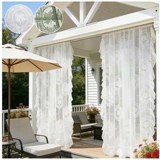 Qelus Gardine Voile Gardinen Transparent Vorhänge Kräuselband für Innen Außen (2 St), 2er Set Rüschenvorhänge Vintage-Tüll, Blumenspitze Shabby-Chic-Dekor weiß 132 cm x 274 cm